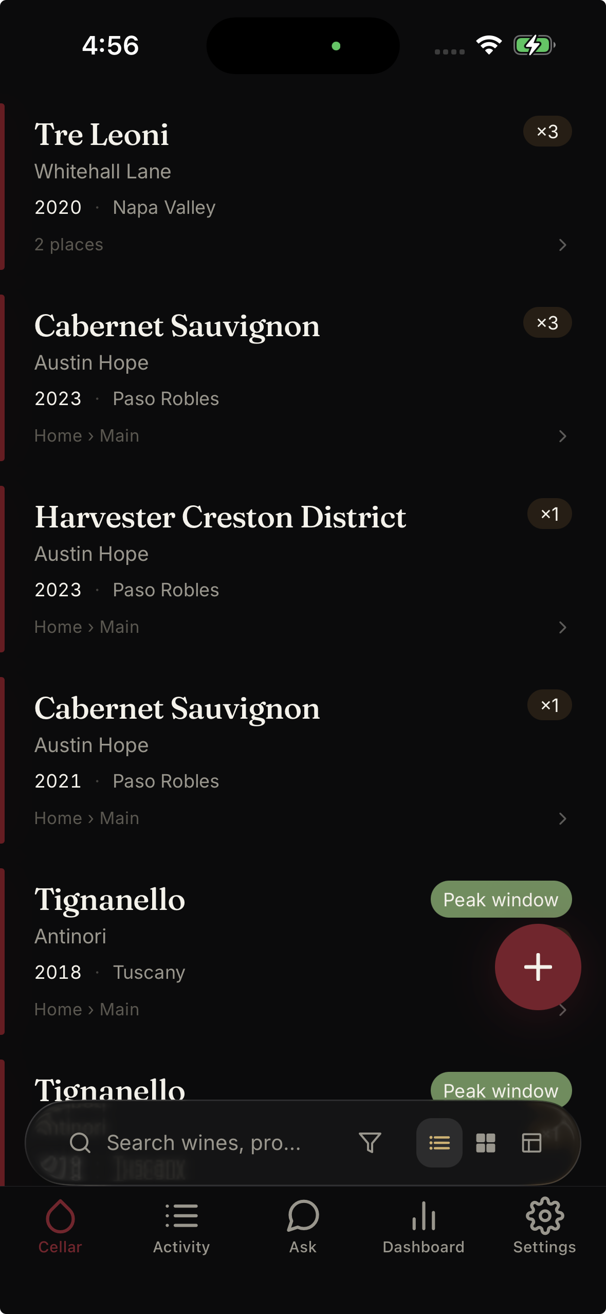Zapfä cellar view listing bottles with vintage, region, and storage location