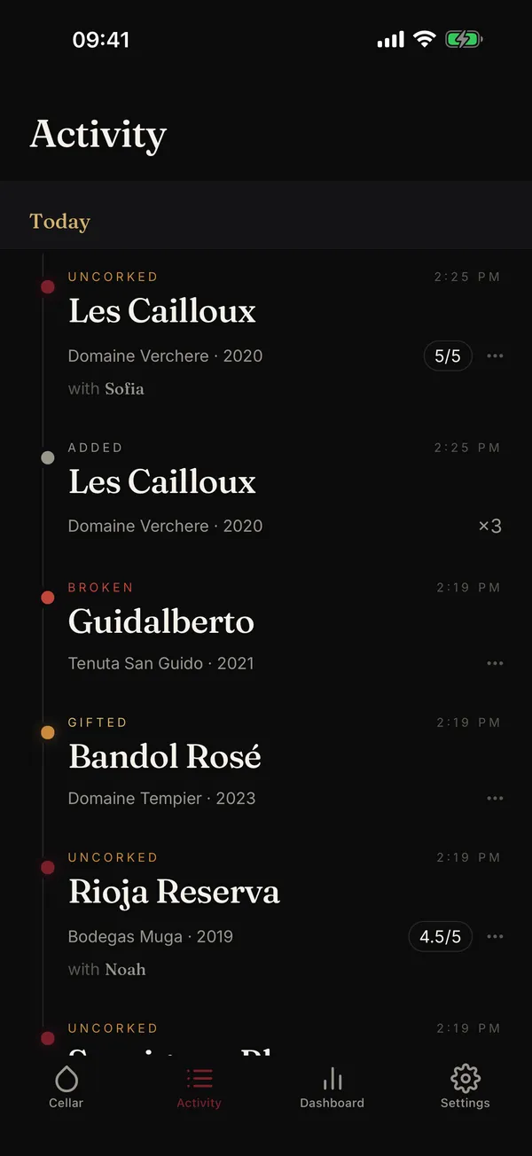 The Activity tab in Botto: bottles uncorked, added, broken and gifted today, each with the wine, the producer and the vintage.