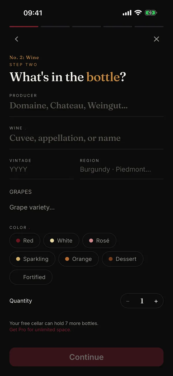 Adding a wine in Botto: fields for the producer, the wine's name, the vintage, the region, the grapes and the colour, and the number of bottles.