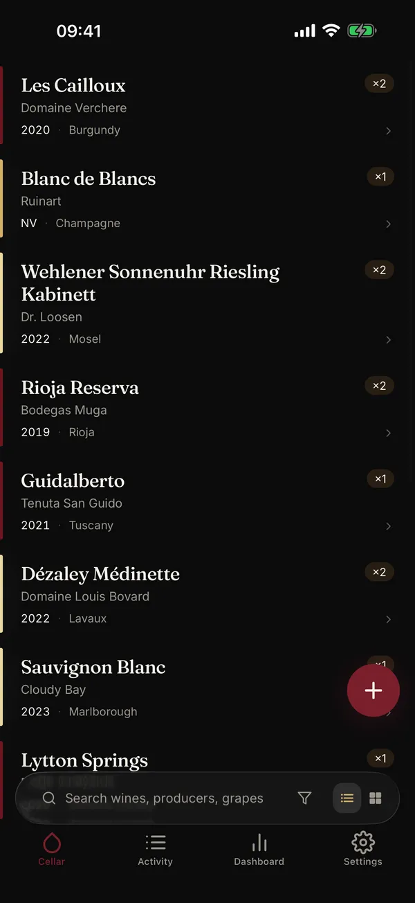 The cellar list in Botto: each wine with its producer, vintage and region, and the number of bottles at home, such as ×2 next to Les Cailloux.
