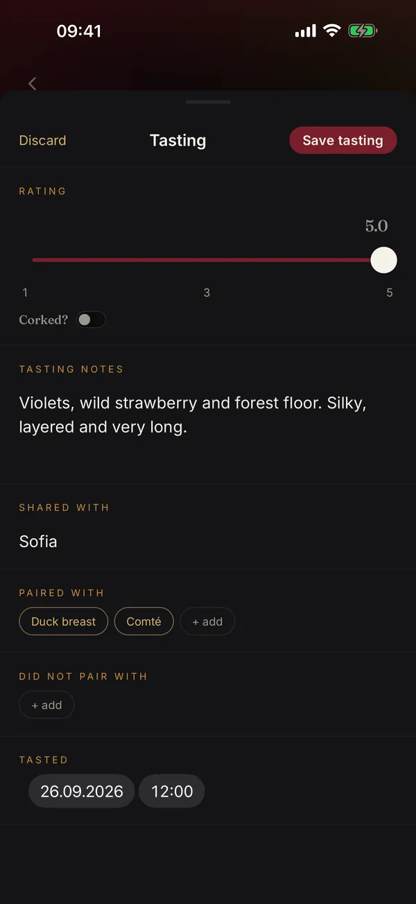 Logging an uncorked bottle in Botto: a rating slider at 5.0, a tasting note, shared with Sofia, paired with duck breast and Comté, and the date it was tasted.