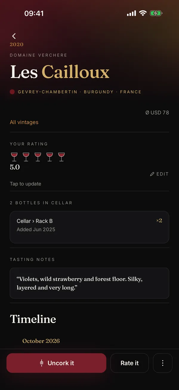 A wine page in Botto: Les Cailloux 2020 by Domaine Verchere, your 5.0 rating, two bottles stored in Cellar, Rack B, and your tasting note.